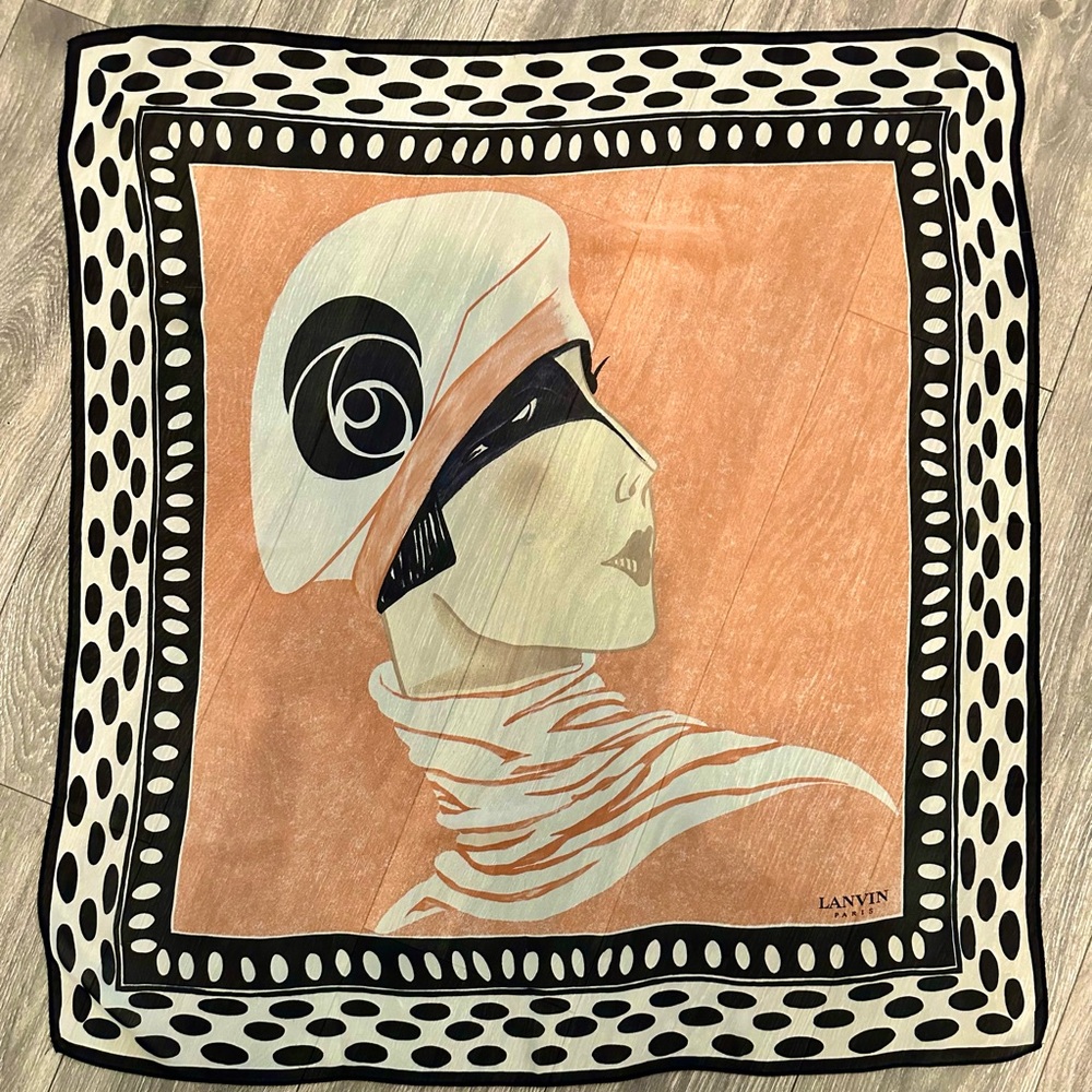 Lanvin Beige and Black sheer silk very old scarf, rare 40/50yrs old NWOT.